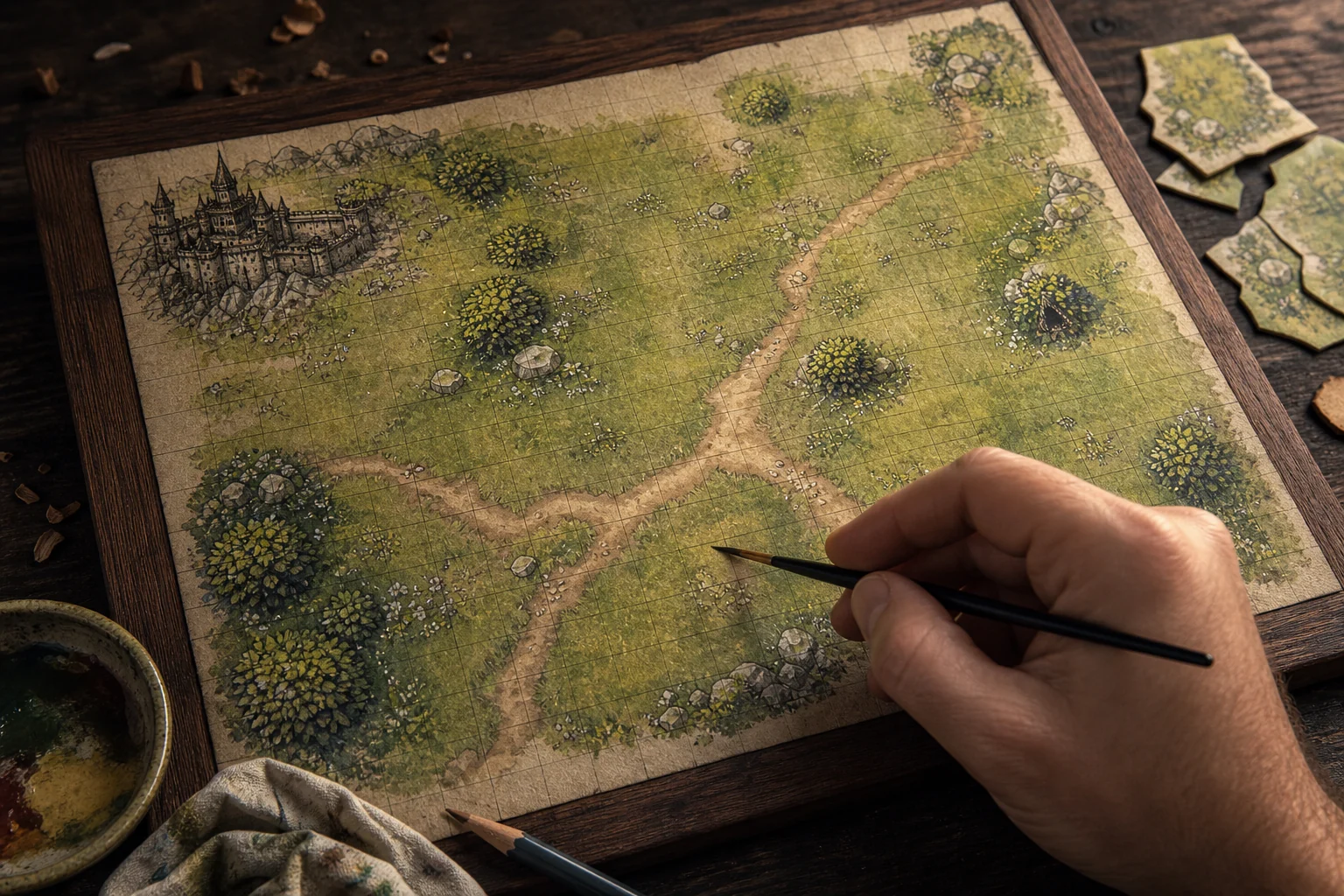 Una mano pinta un tablero artesanal de Wandergrave