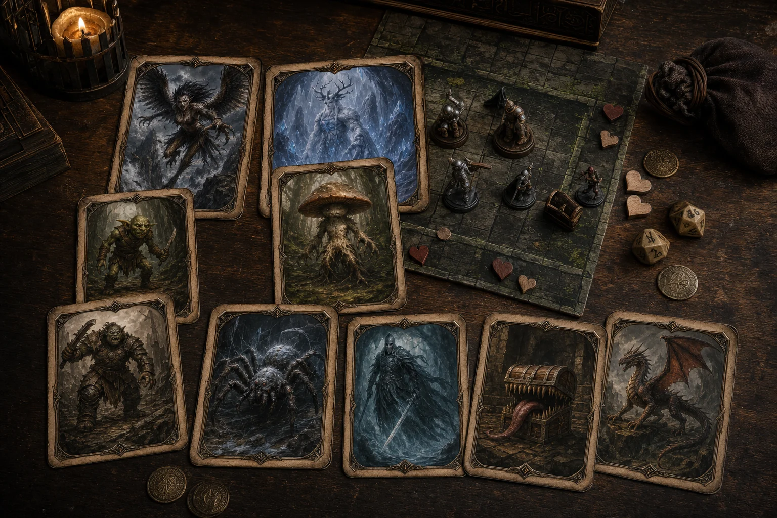 Cartas, miniaturas y dados artesanales inspirados en Wandergrave